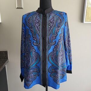 Vintage Bob Mackie Wearable Art Blue Paisley Blouse Womens M Mandarin Collar